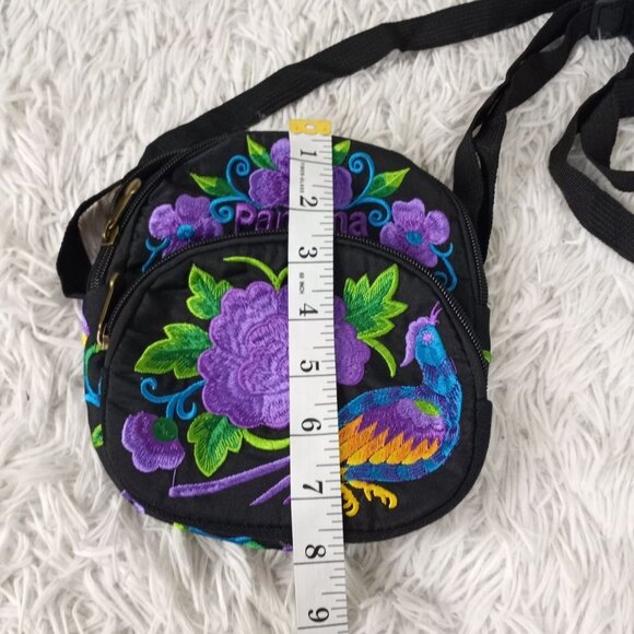 Panama Embroidered Purse 6 X 8 Gorgeous Purple Blue Floral Bird - Picture 5 of 6